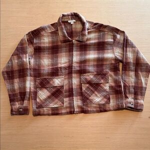 beachlunchlounge Women's Plaid Shirt Jacket in Burgundy and Cream